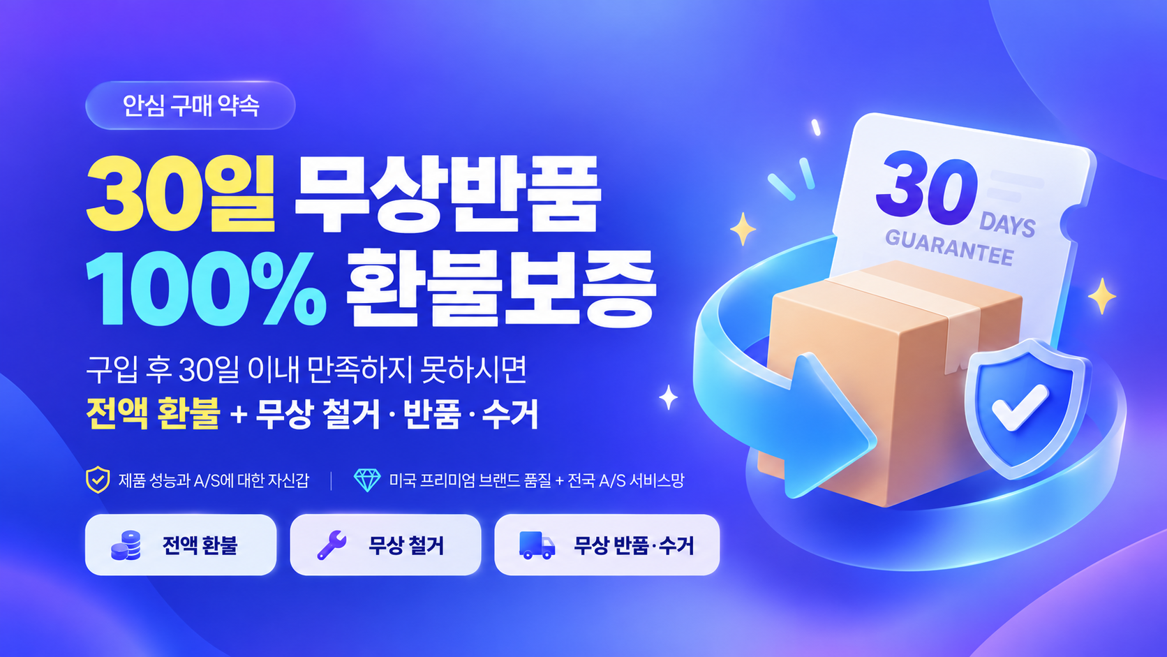 30일 무상반품 100% 환불보증. 구입 후 30일 이내 만족하지 못하시면 전액 환불과 무상 철거·반품·수거를 제공합니다.